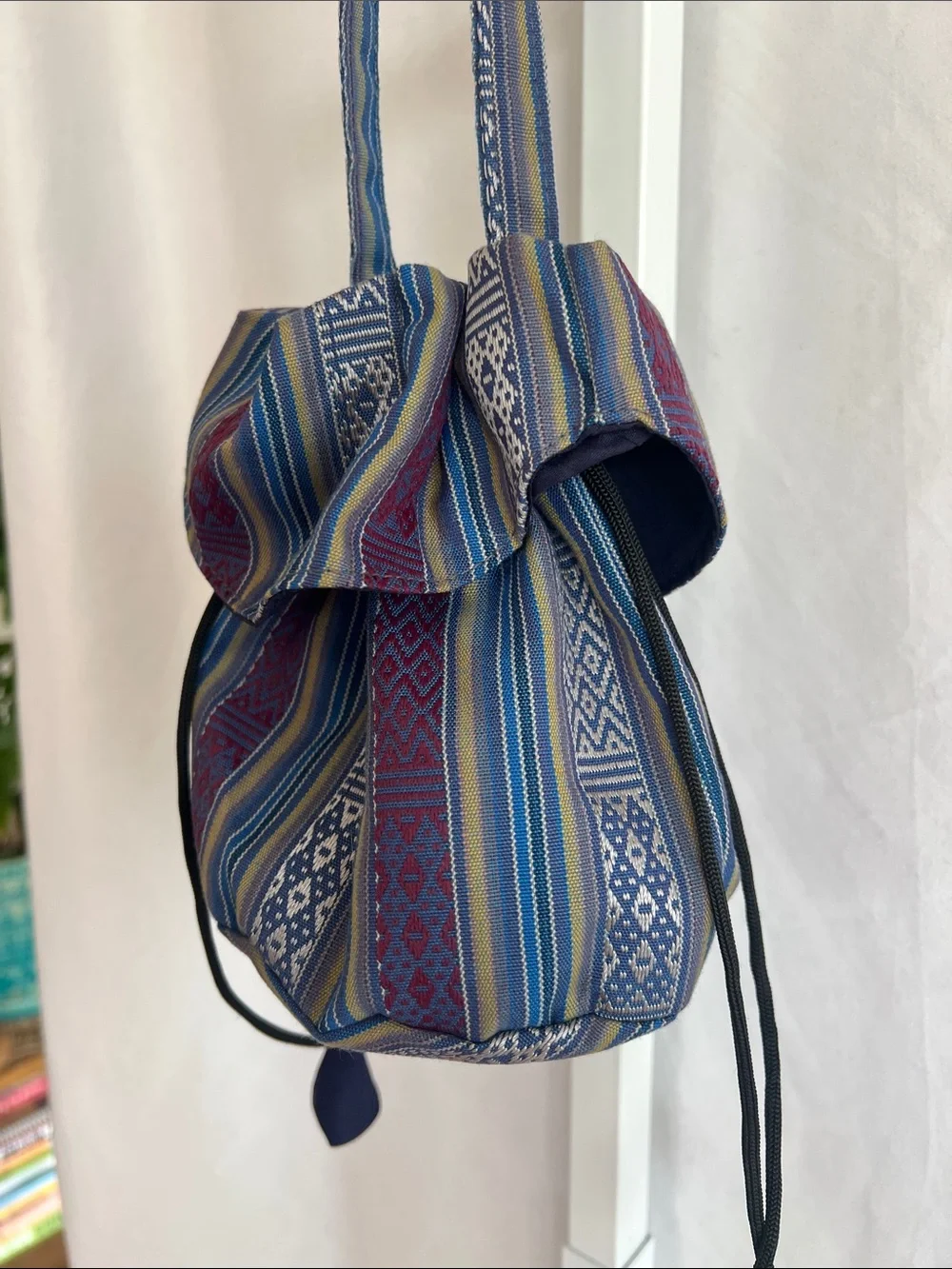 Woven Blue Multi-Stripe Drawstring Bag with Flap on Front & Back Silk Pullstring